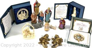 Collection of Religious Christmas Items Including Ornaments and Nativity Crèche 