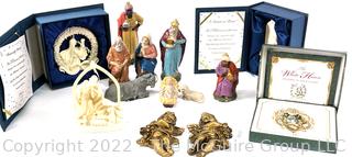 Collection of Religious Christmas Items Including Ornaments and Nativity Crèche 