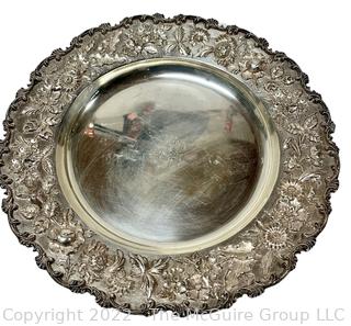 Antique Sterling Silver S. Kirk & Son Round Repousse Flower Platter Marked 925/1000. 14" in diameter, 988 grams