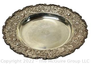 Antique Sterling Silver S. Kirk & Son Round Repousse Flower Platter Marked 925/1000. 14" in diameter, 988 grams