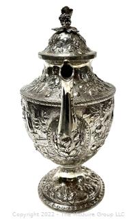 (Note: the finial weighs 75g and is likely not coin silver) Antique Coin Silver S. Kirk & Son 'Etruscan' Pattern Coffee Pot, c. 1855-61. 12" tall. Total Weight 1040 grams