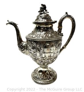 (Note: the finial weighs 75g and is likely not coin silver) Antique Coin Silver S. Kirk & Son 'Etruscan' Pattern Coffee Pot, c. 1855-61. 12" tall. Total Weight 1040 grams