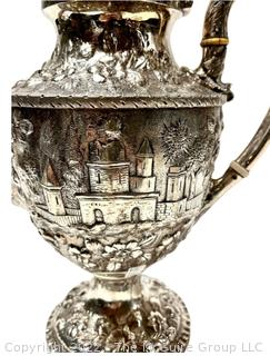 (Note: the finial weighs 75g and is likely not coin silver) Antique Coin Silver S. Kirk & Son 'Etruscan' Pattern Coffee Pot, c. 1855-61. 12" tall. Total Weight 1040 grams