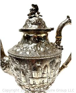 (Note: the finial weighs 75g and is likely not coin silver) Antique Coin Silver S. Kirk & Son 'Etruscan' Pattern Coffee Pot, c. 1855-61. 12" tall. Total Weight 1040 grams