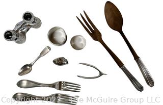 Collection of Sterling Including Wishbone Hinged Sugar Tongs Nips, Napkin Rings, Submarine Shaped Tea Infuser, Opera Glasses and Salad Servers.  Total weight 398 grams