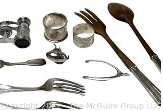 Collection of Sterling Including Wishbone Hinged Sugar Tongs Nips, Napkin Rings, Submarine Shaped Tea Infuser, Opera Glasses and Salad Servers.  Total weight 398 grams