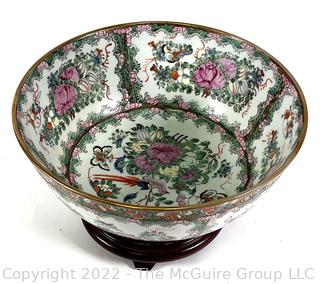 Vintage Chinese Porcelain Rose Medallion Bowl Labeled Andrea By Sadek on Carved Base.  12" in diameter