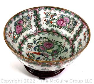 Vintage Chinese Porcelain Rose Medallion Bowl Labeled Andrea By Sadek on Carved Base.  12" in diameter