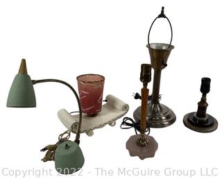 Group of Mid Century Modern Table and Desk Lamps Lights, Some with Original Shades.  Small break in red fiberglass shade. 