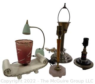 Group of Mid Century Modern Table and Desk Lamps Lights, Some with Original Shades.  Small break in red fiberglass shade. 