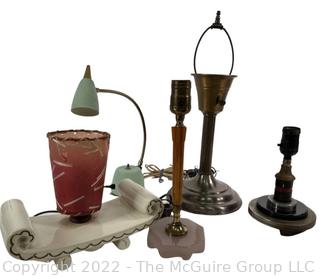 Group of Mid Century Modern Table and Desk Lamps Lights, Some with Original Shades.  Small break in red fiberglass shade. 