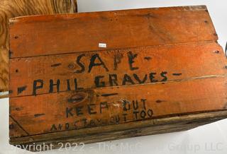 Primitive Painted Wood Crate with Lid and Message "Safe - Keep out and Stay Out".  14 x 15 1/2 x 23" 