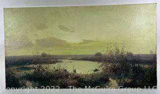 Original Unframed Oil on Canvas of Herons In The Swamp Signed by Ukrainian Artist Yuri Pryadko.  19" x 36"