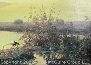 Original Unframed Oil on Canvas of Herons In The Swamp Signed by Ukrainian Artist Yuri Pryadko.  19" x 36"