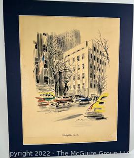 Mid-Century Modern Watercolor Print of Rockefeller Center, Signed by John Haymson.  17 x 22" (image)