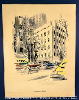 Mid-Century Modern Watercolor Print of Rockefeller Center, Signed by John Haymson.  17 x 22" (image)