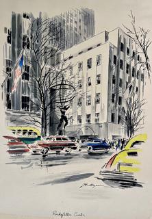 Mid-Century Modern Watercolor Print of Rockefeller Center, Signed by John Haymson.  17 x 22" (image)