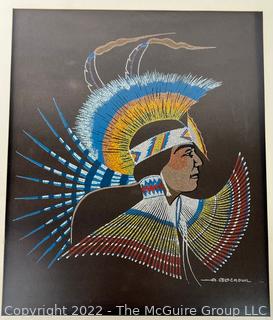 Two (2) Framed Under Glass Color Lithographs of Native American Warriors on Sueded Paper by Cheyanne Artist Archie Blackowl.  Each measure 14" x 16".