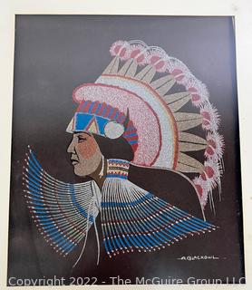 Two (2) Framed Under Glass Color Lithographs of Native American Warriors on Sueded Paper by Cheyanne Artist Archie Blackowl.  Each measure 14" x 16".