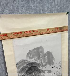 Unframed Chinese Watercolor Painting of Mountain Landscape Mounted on Silk Wall Hanging or Scroll. 37" x 18"