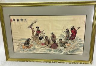 Framed Under Glass Embroidered Silk Panel of Eight Immortals at Sea, Signed.  Note damage  27" x 40".