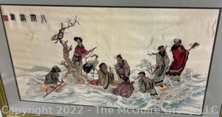 Framed Under Glass Embroidered Silk Panel of Eight Immortals at Sea, Signed.  Note damage  27" x 40".