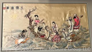 Framed Under Glass Embroidered Silk Panel of Eight Immortals at Sea, Signed.  Note damage  27" x 40".