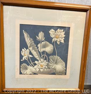 Framed Under Glass Art Deco Style Water Color of Flowers, Signed by Artist Robert Vomne.  Some discoloration. 30" square.