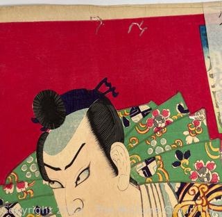 Original Ukyo-e Japanese Kabuki Theater Color Triptych Woodblock Print on Paper.  Folded with Some Foxing to Edge.  14 1/2" x 28"