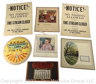 Collection of ephemera including vintage calendars and "40 Great Inventions of the World"