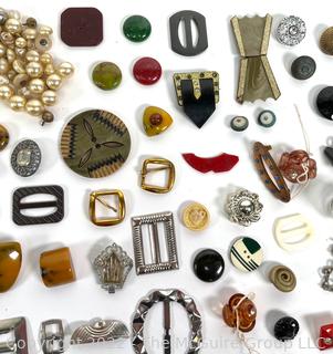 Mid-Century Collection of Vintage Buckles and Buttons including Bakelite