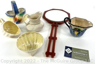 Collection including Mid Century Bakelite Handheld Mirror, Beelick Sugar and Creamer and Servingware. 