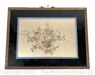 Framed Under Glass Silk Embroidered Flower Basket.  13" x 16"