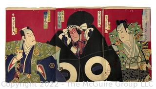 Original Ukyo-e Japanese Kabuki Theater Color Triptych Woodblock Print on Paper.  Folded with Some Foxing to Edge.  14 1/2" x 28"