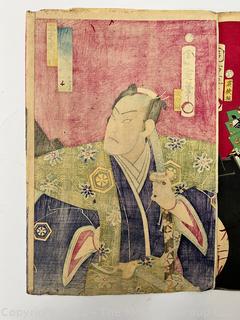 Original Ukyo-e Japanese Kabuki Theater Color Triptych Woodblock Print on Paper.  Folded with Some Foxing to Edge.  14 1/2" x 28"