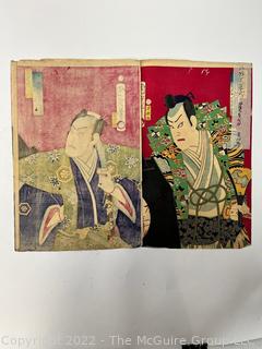 Original Ukyo-e Japanese Kabuki Theater Color Triptych Woodblock Print on Paper.  Folded with Some Foxing to Edge.  14 1/2" x 28"