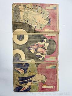 Original Ukyo-e Japanese Kabuki Theater Color Triptych Woodblock Print on Paper.  Folded with Some Foxing to Edge.  14 1/2" x 28"