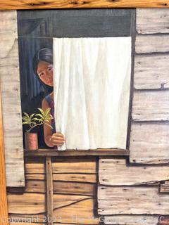 Framed Original Oil on Canvas of Girl at Window Signed by Artist, Nes Leynes.  27" x 35"  {Was 70DR}