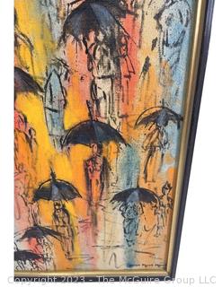 Framed Oil on Canvas Mid-Century Abstract Entitled "Rainy Day", Signed by Artist Daw Khinn Myint Myint (Burma, 20th Century), 1971.  16" x 25" 