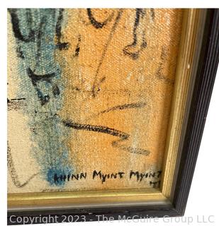 Framed Oil on Canvas Mid-Century Abstract Entitled "Rainy Day", Signed by Artist Daw Khinn Myint Myint (Burma, 20th Century), 1971.  16" x 25" 