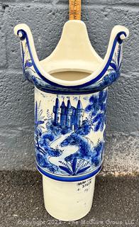 Hand Painted Blue and White Ceramic Jardiniere Plant Stand Made in Spain, Missing Base.  22" tall.
