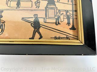 Framed Under Glass Wood Block Print of Paris Street Scene on Card Stock Signed by Artist.  Signature Illegible.  Chip in right edge.  10 1/2  23 1/2" 