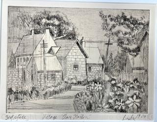 Black & White Etching Titled "3rd State - Village Over Norton", Pencil Signed by Artist Linsley, 1980  9 x 12" 