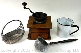 Hand Crank Coffee Grinder, Metal Woven Basket, Porcelain Enamel Handled Cup & Graniteware Ladel.