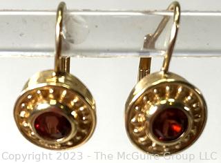 Pair of 14K Yellow Gold with Garnet Stone Drop Pierced Earrings.  2.9 grams total weight