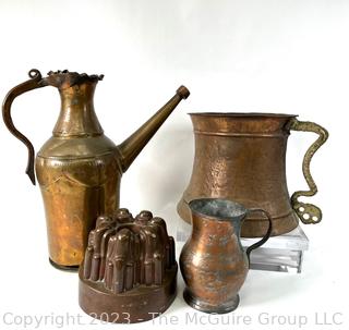 Four (4) Pieces of Antique Hand Wrought Copper and Brass Cookware and Mold. 