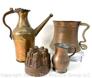 Four (4) Pieces of Antique Hand Wrought Copper and Brass Cookware and Mold. 