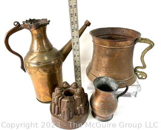 Four (4) Pieces of Antique Hand Wrought Copper and Brass Cookware and Mold. 