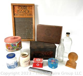 Wash Board, Cigar Boxes, Tins, Glass Bottles, Etc