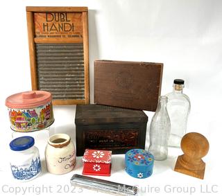 Wash Board, Cigar Boxes, Tins, Glass Bottles, Etc